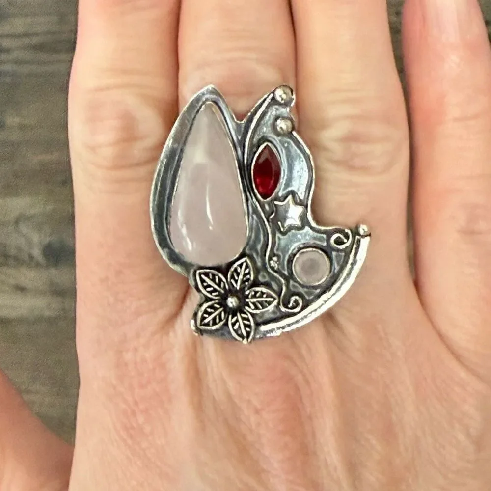 Boho Bloom Ring – Rose Quartz & Garnet Floral Statement Size 8 New *